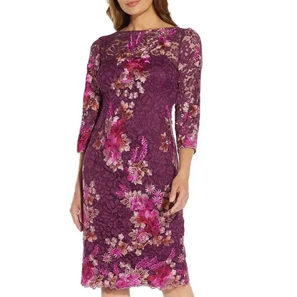 floor length dresses online Adrianna Papell Crew Neck 3/4 Sleeves Back Zipper Beaded Floral Dress main image 1